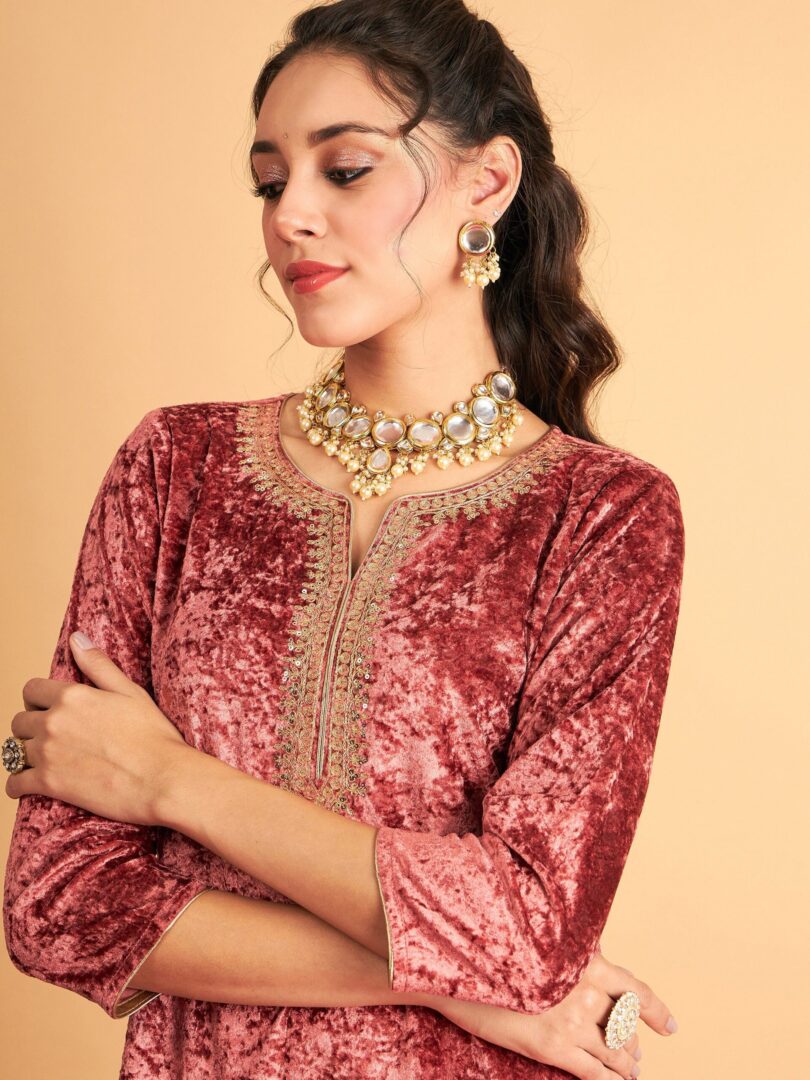 Women Pink Velvet Embroidered Short Kurta With Palazzos