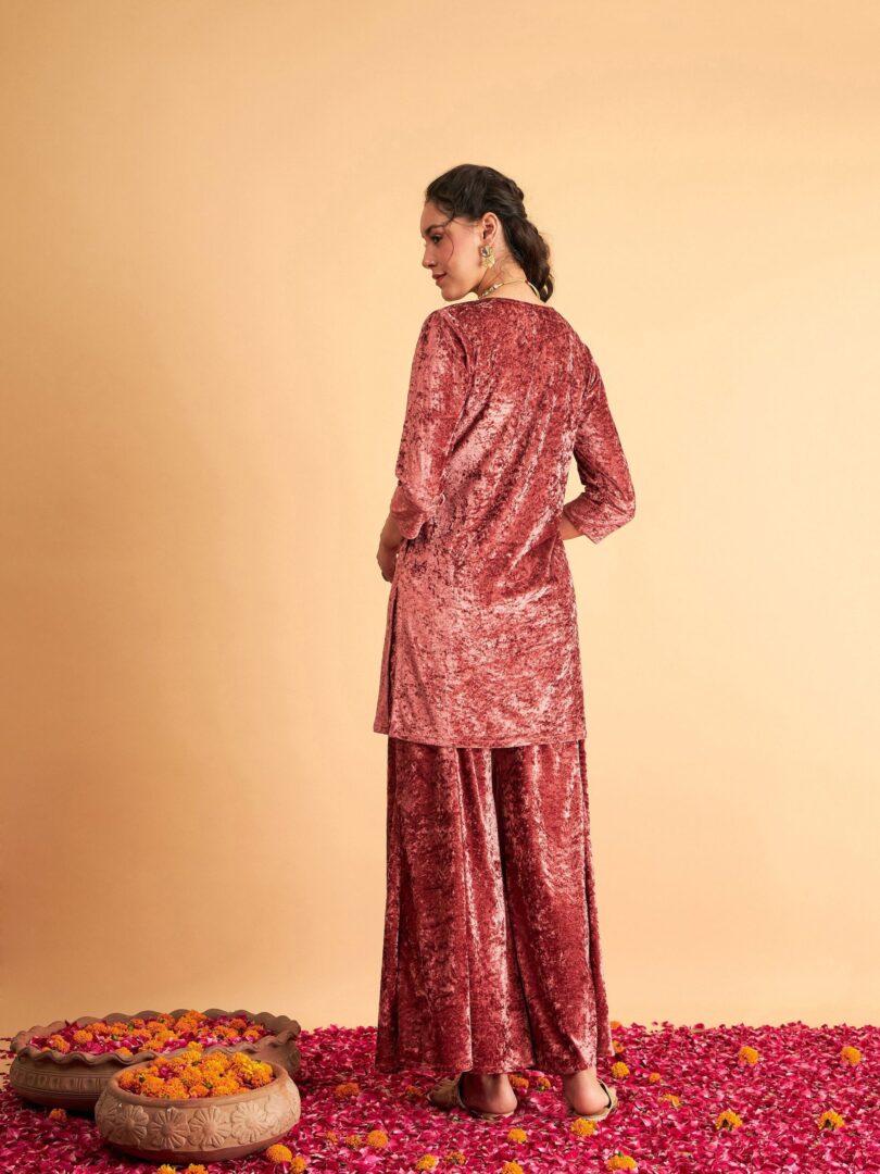 Women Pink Velvet Embroidered Short Kurta With Palazzos