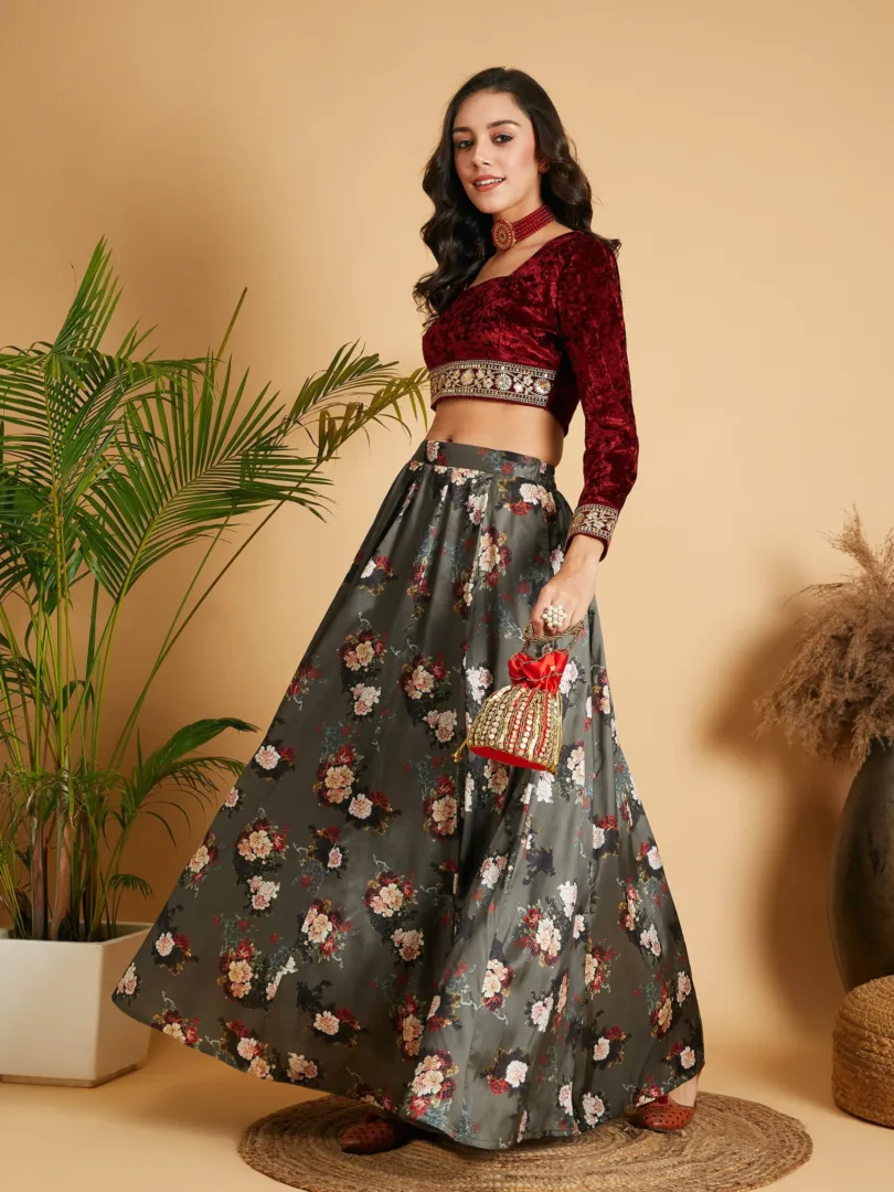 Women Olive Floral Skirt With Maroon Velvet Crop Top