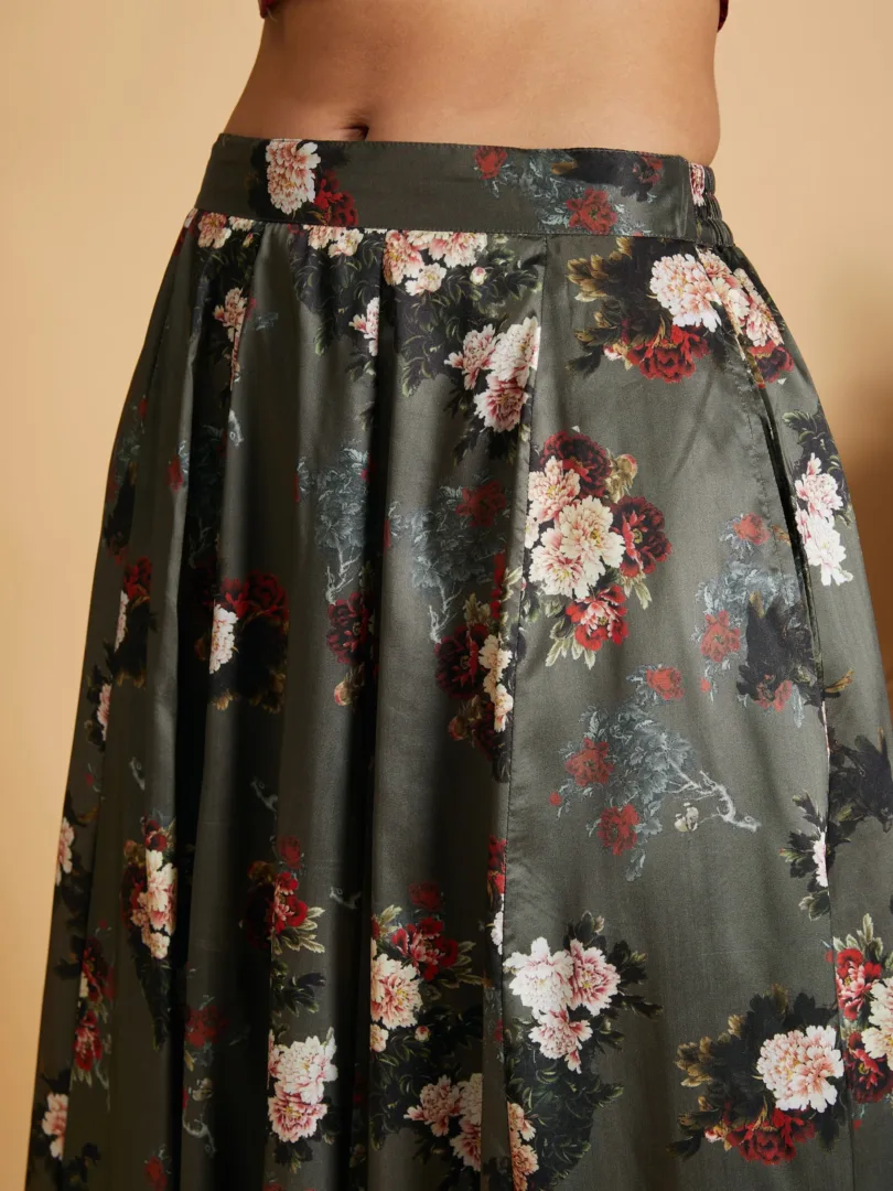 Women Olive Floral Skirt With Maroon Velvet Crop Top