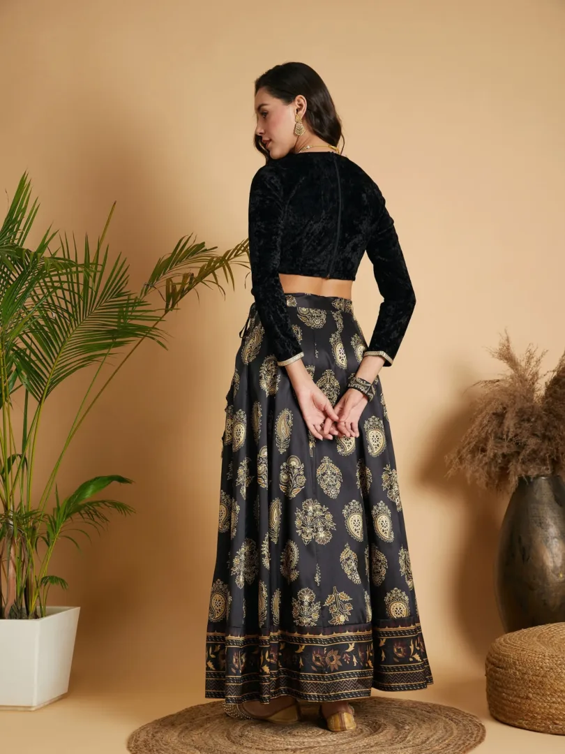Women Black Floral Skirt With Black Velvet Crop Top