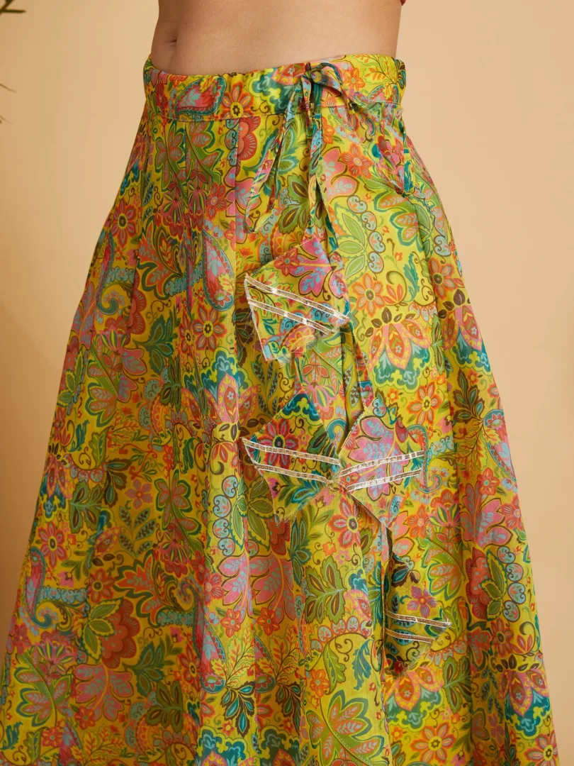 Women Lemon Yellow Floral Anarkali Skirt With Crop Top