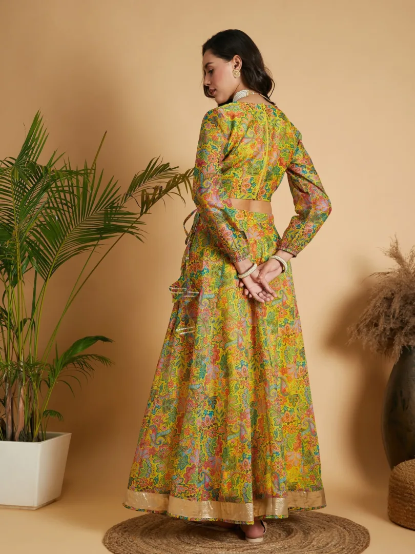 Women Lemon Yellow Floral Anarkali Skirt With Crop Top