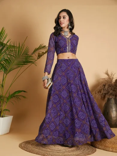 Women Purple & White Bandhej Anarkali Skirt With Crop Top