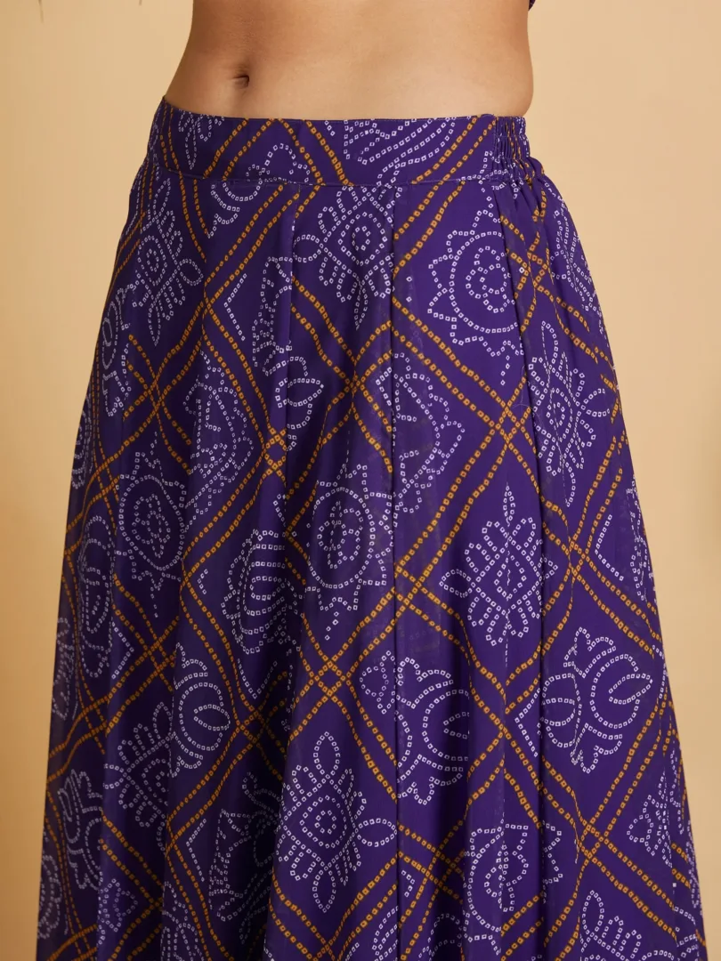 Women Purple & White Bandhej Anarkali Skirt With Crop Top