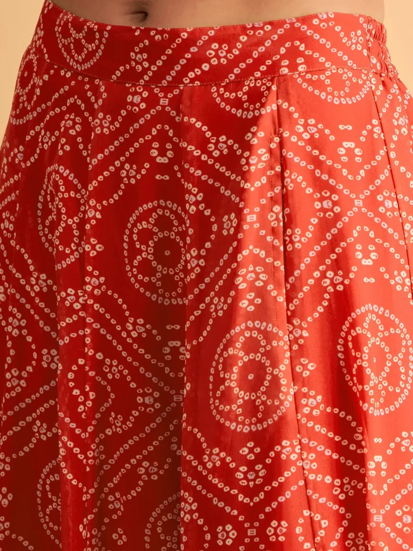 Women Red & White Bandhej Anarkali Skirt With Crop Top