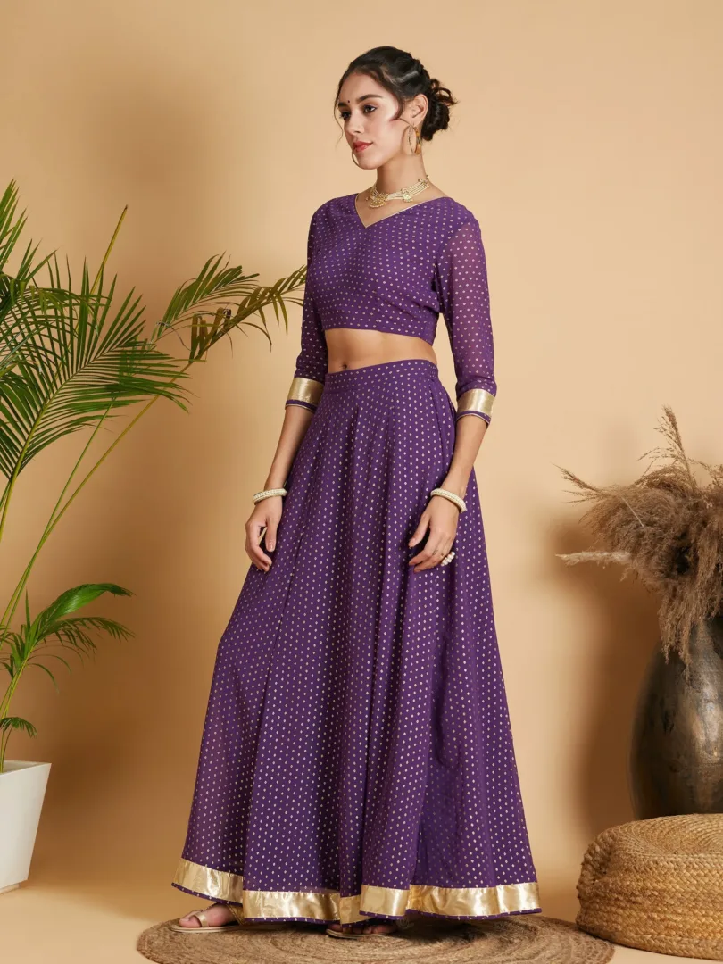 Women Purple Dot Foil Print Anarkali Skirt With Crop Top