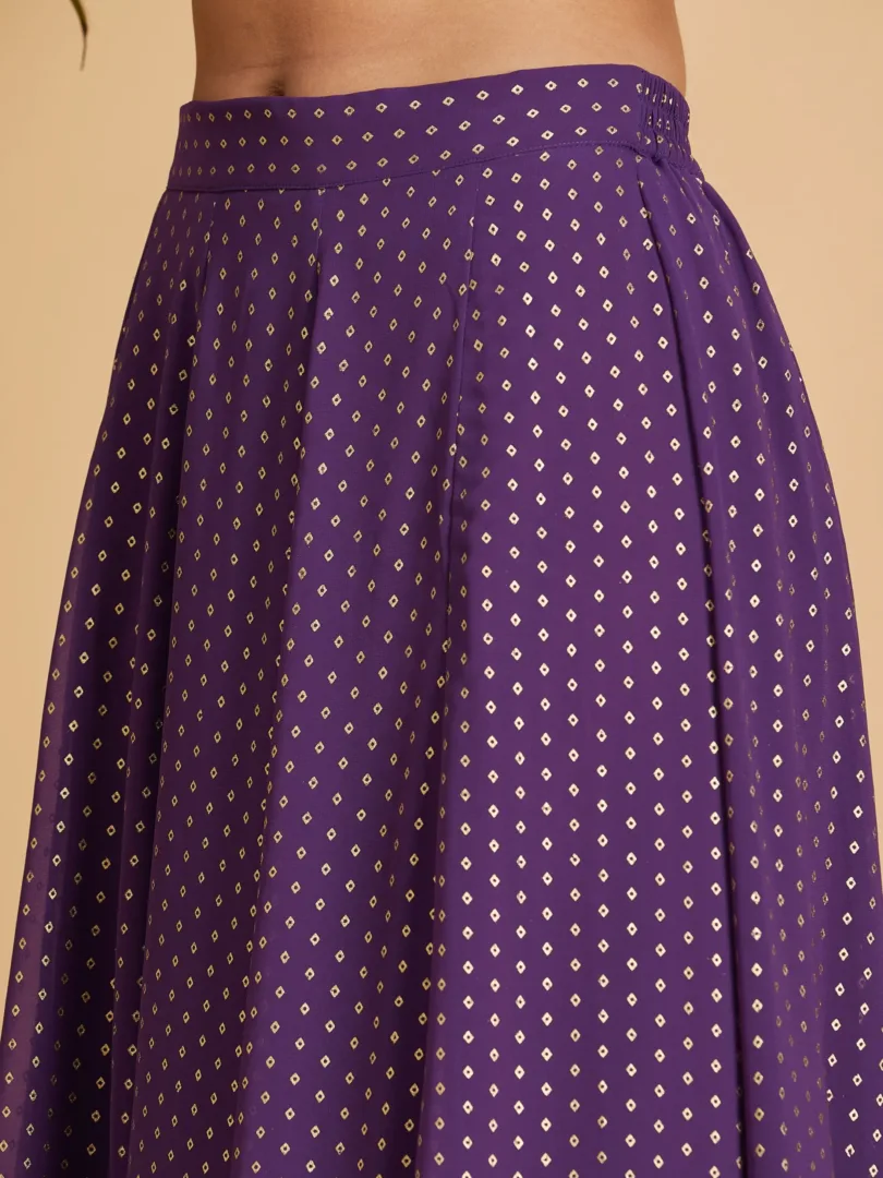 Women Purple Dot Foil Print Anarkali Skirt With Crop Top