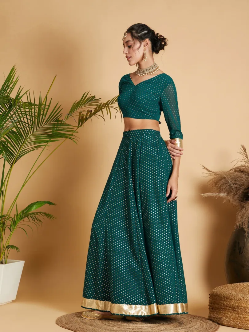 Women Emerald Dot Foil Print Anarkali Skirt With Crop Top