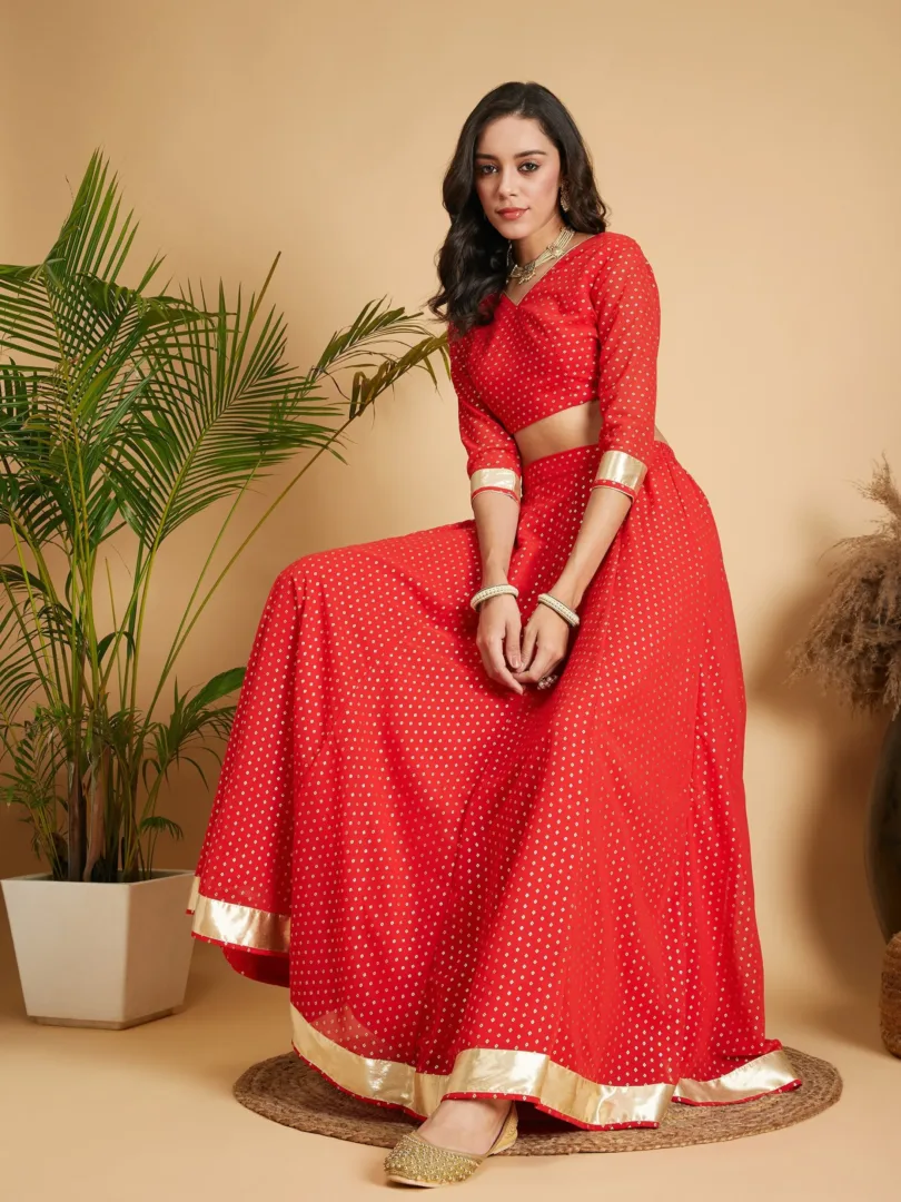 Women Red Dot Foil Print Anarkali Skirt With Crop Top