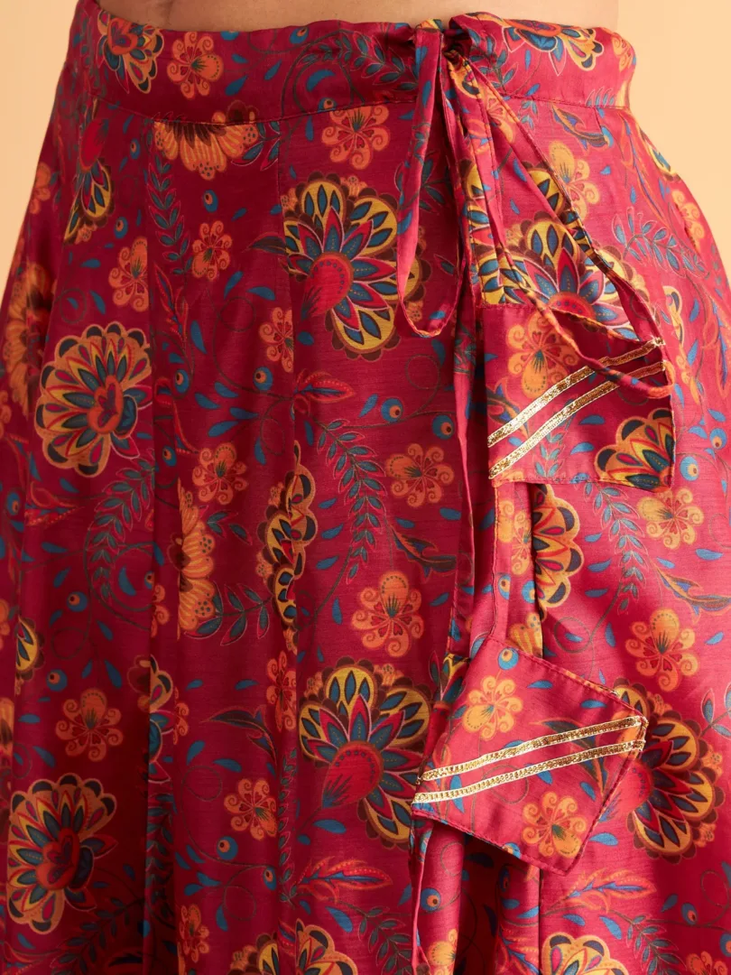 Women Fuchsia Floral Anarkali Skirt With Crop Top