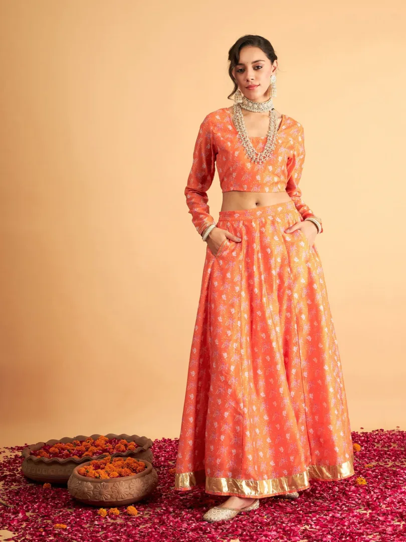 Women Orange Floral Anarkali Side Pocket Skirt With Crop Top