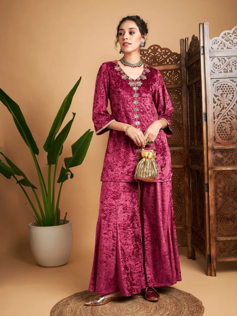 Women Pink Velvet Embroidered Short Kurta With Palazzos