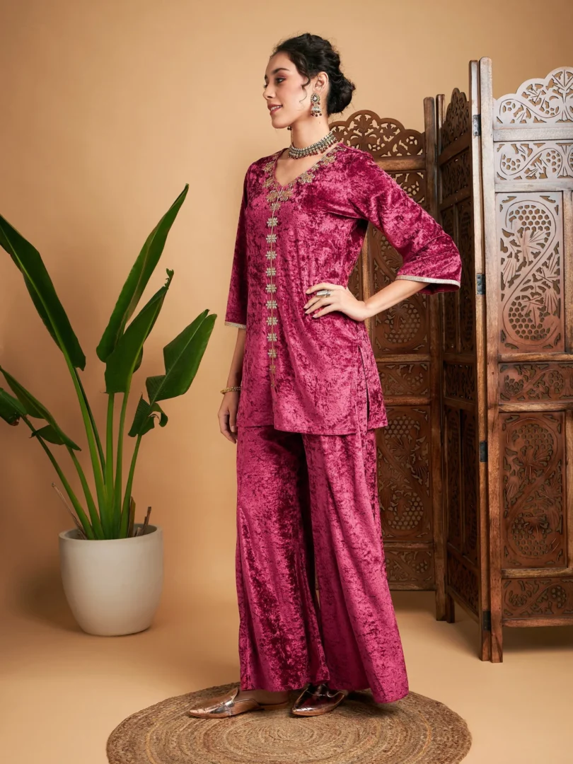 Women Pink Velvet Embroidered Short Kurta With Palazzos