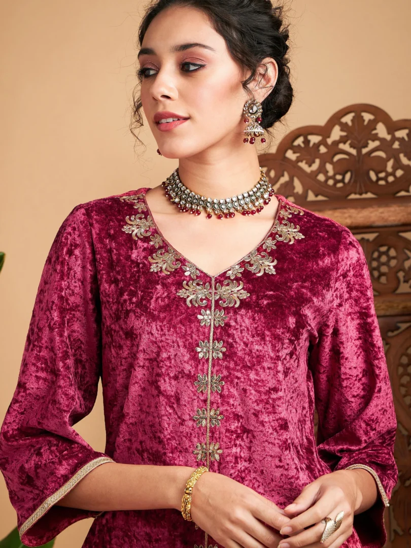 Women Pink Velvet Embroidered Short Kurta With Palazzos