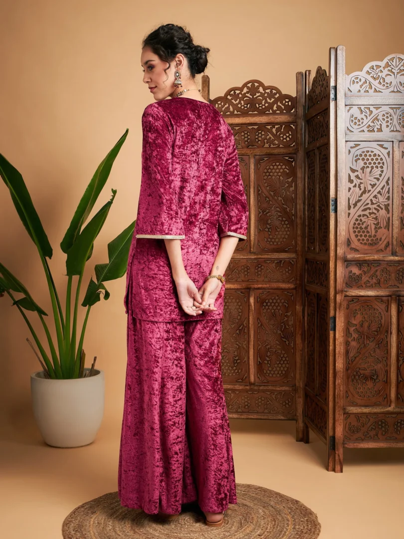 Women Pink Velvet Embroidered Short Kurta With Palazzos