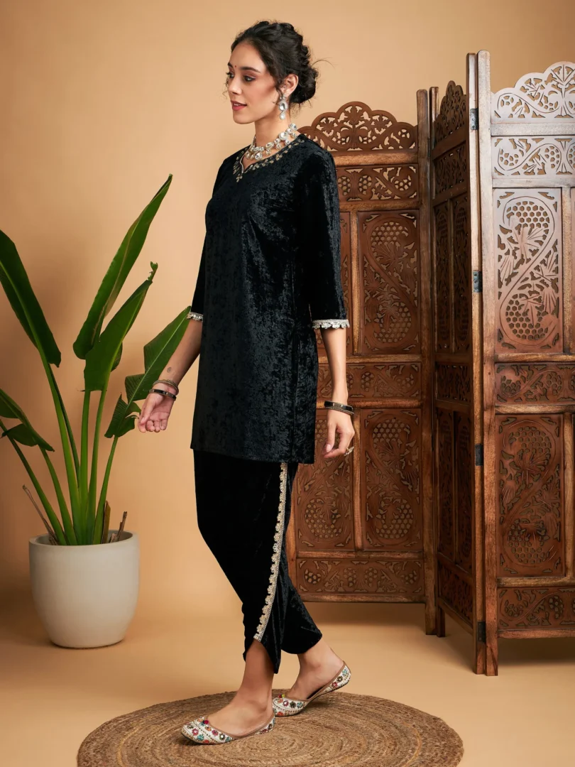 Women Black Velvet Gota Patti Embroidered Short Kurta With Dhoti Pants