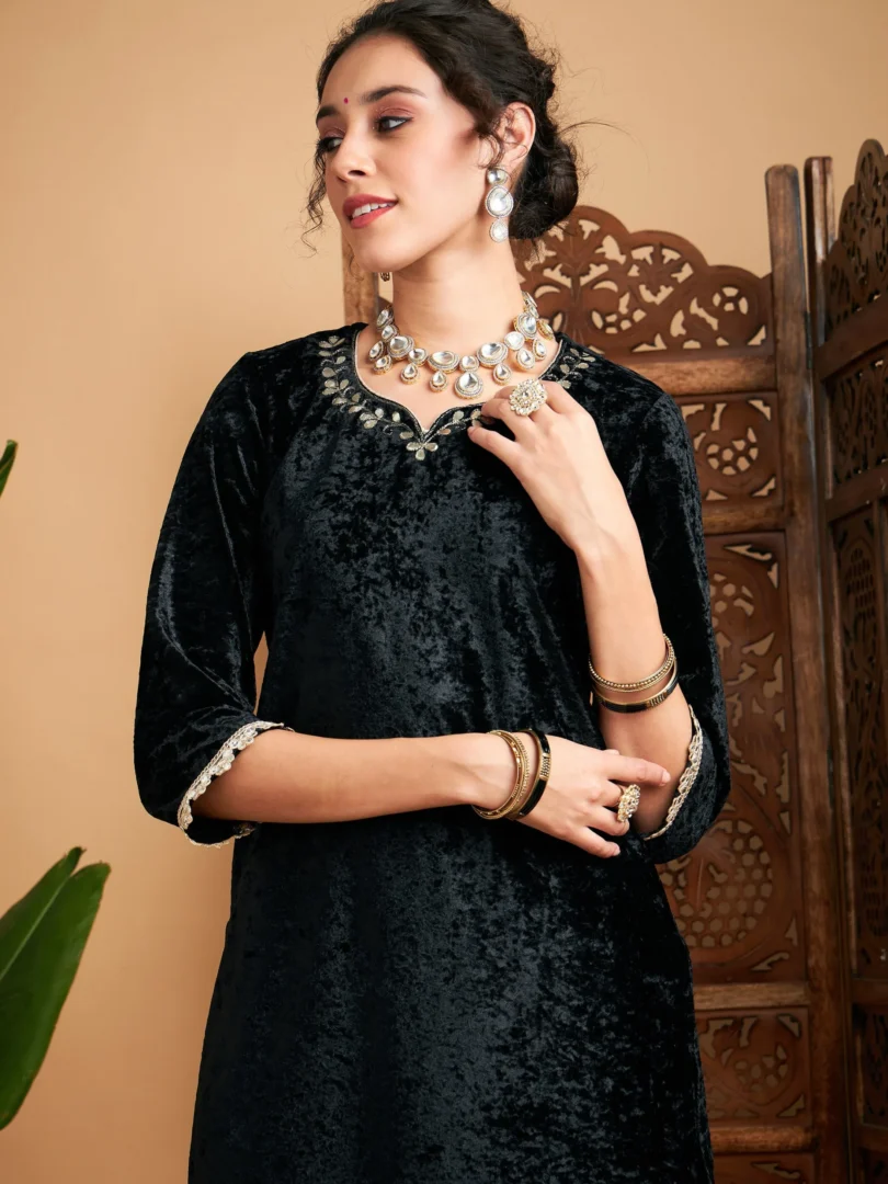 Women Black Velvet Gota Patti Embroidered Short Kurta With Dhoti Pants