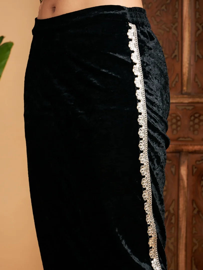 Women Black Velvet Gota Patti Embroidered Short Kurta With Dhoti Pants