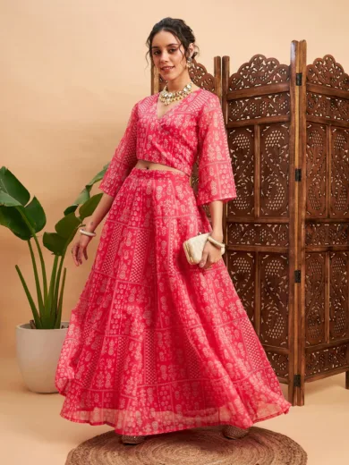 Women Pink Floral Anarkali Skirt With Wrap Crop Top