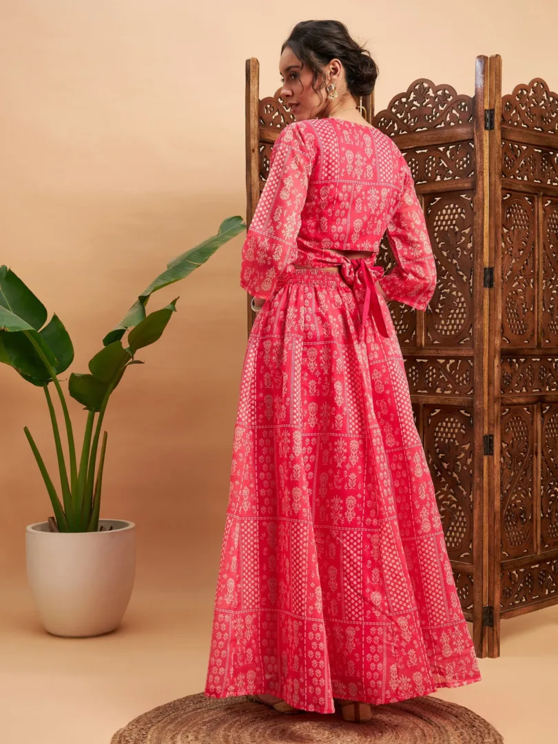 Women Pink Floral Anarkali Skirt With Wrap Crop Top