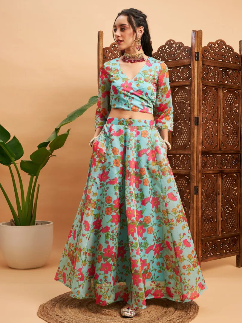 Women Blue Floral Anarkali Skirt With Wrap Crop Top