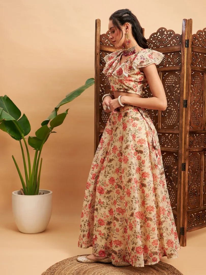Women Beige Floral Anarkali Skirt With Frill Crop Top