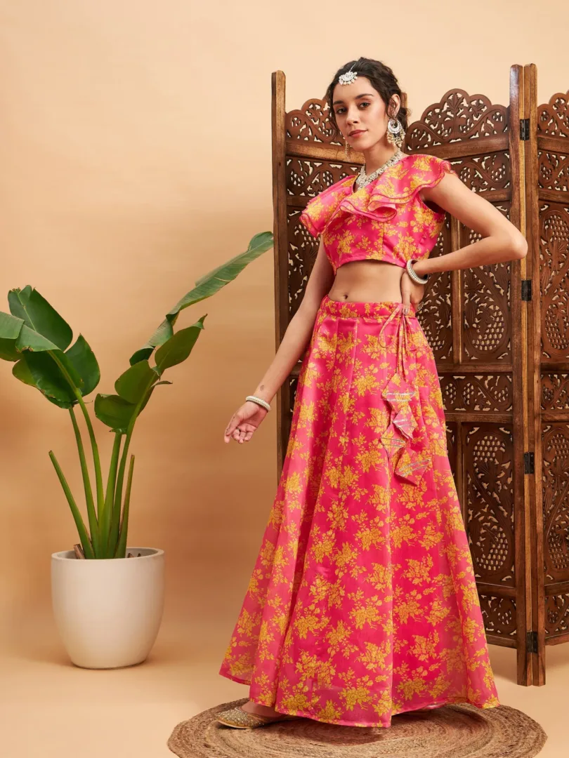 Women Fuchsia Floral Anarkali Skirt With Frill Crop Top