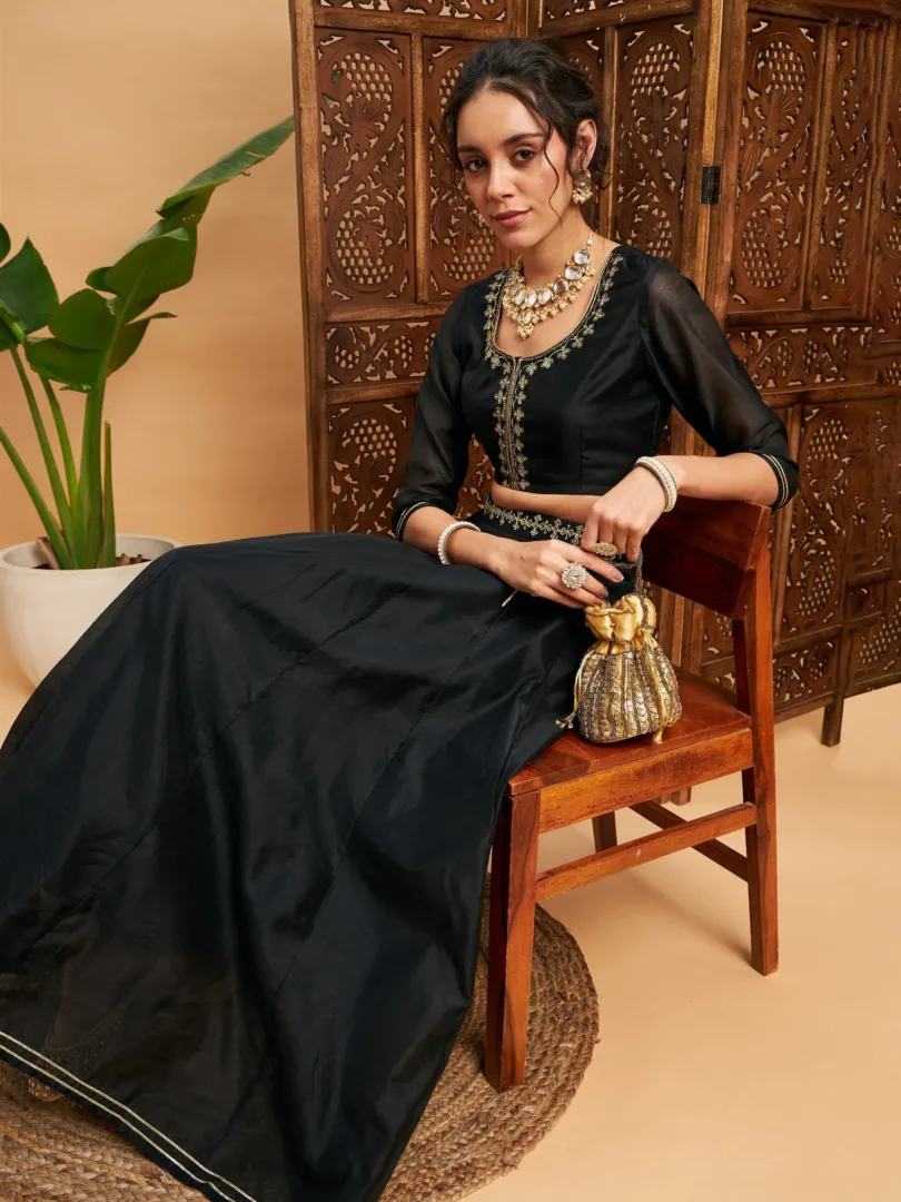 Women Black Embroidered Anarkali Skirt With Crop Top