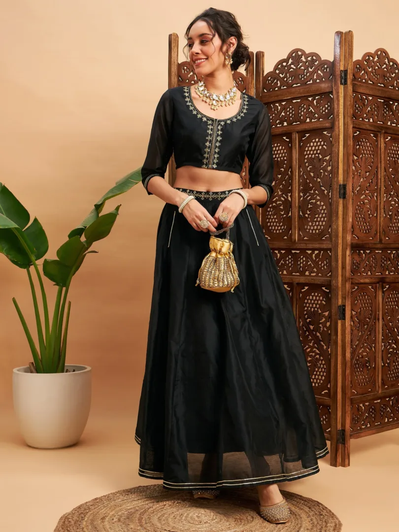 Women Black Embroidered Anarkali Skirt With Crop Top