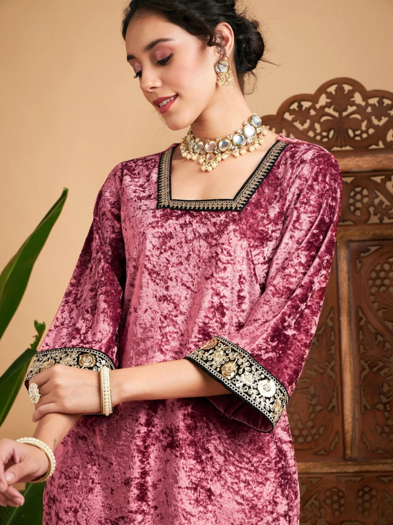 Women Pink Velvet Embroidered Short Kurta With Pants