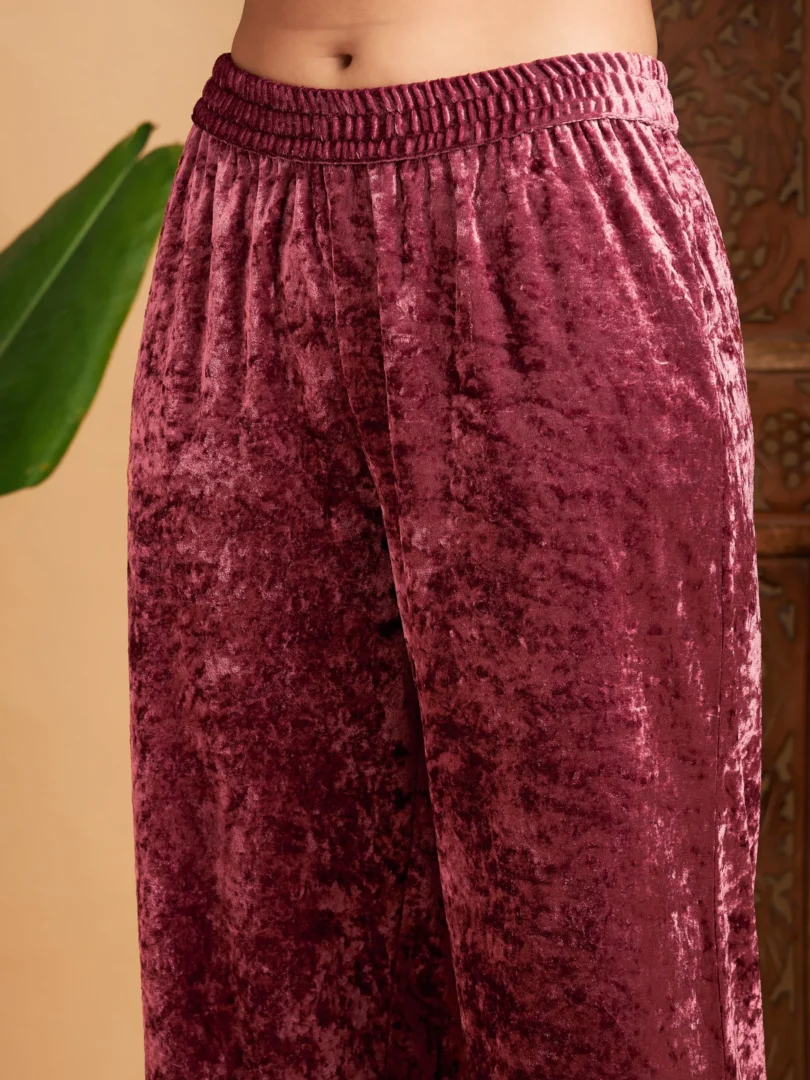 Women Pink Velvet Embroidered Short Kurta With Pants