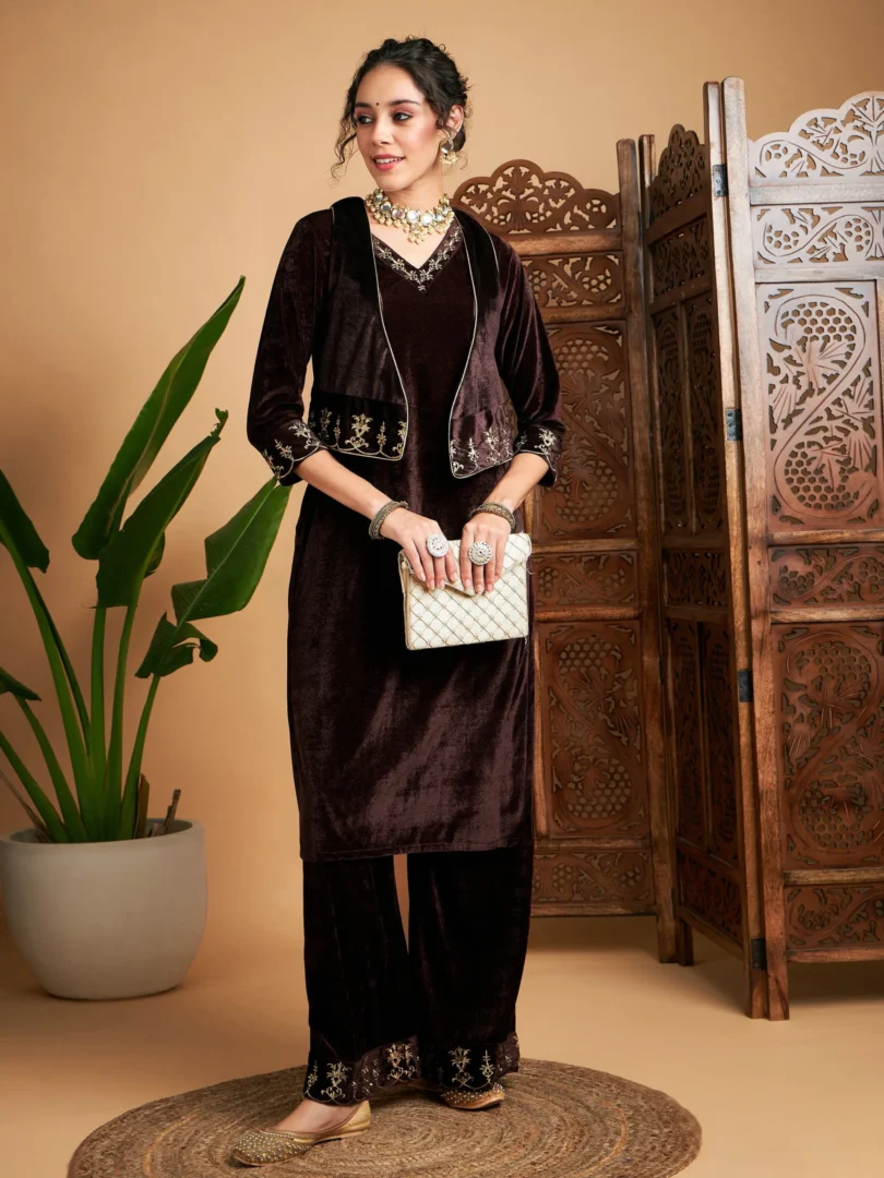 Women Brown Zari Velvet Straight Kurta Set With WaistCoat