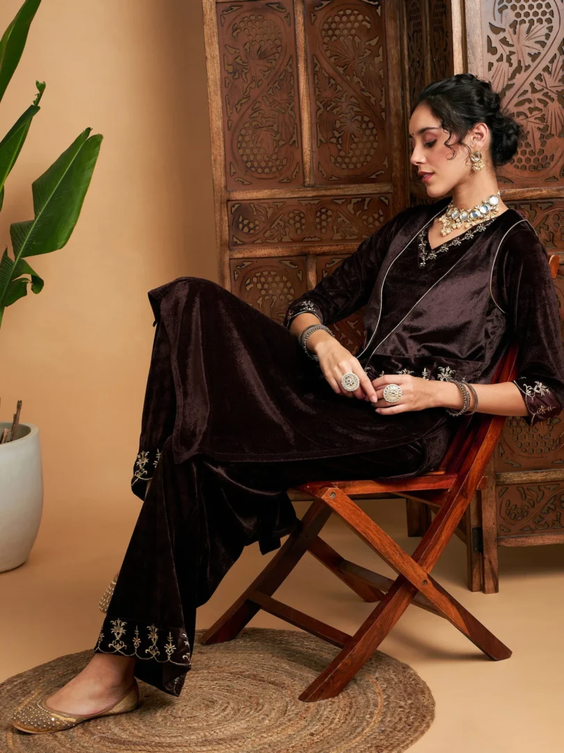 Women Brown Zari Velvet Straight Kurta Set With WaistCoat