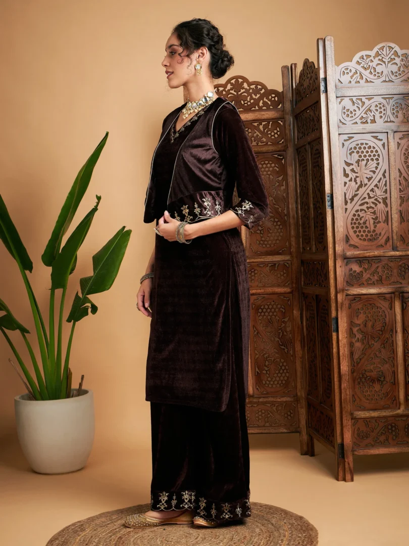 Women Brown Zari Velvet Straight Kurta Set With WaistCoat