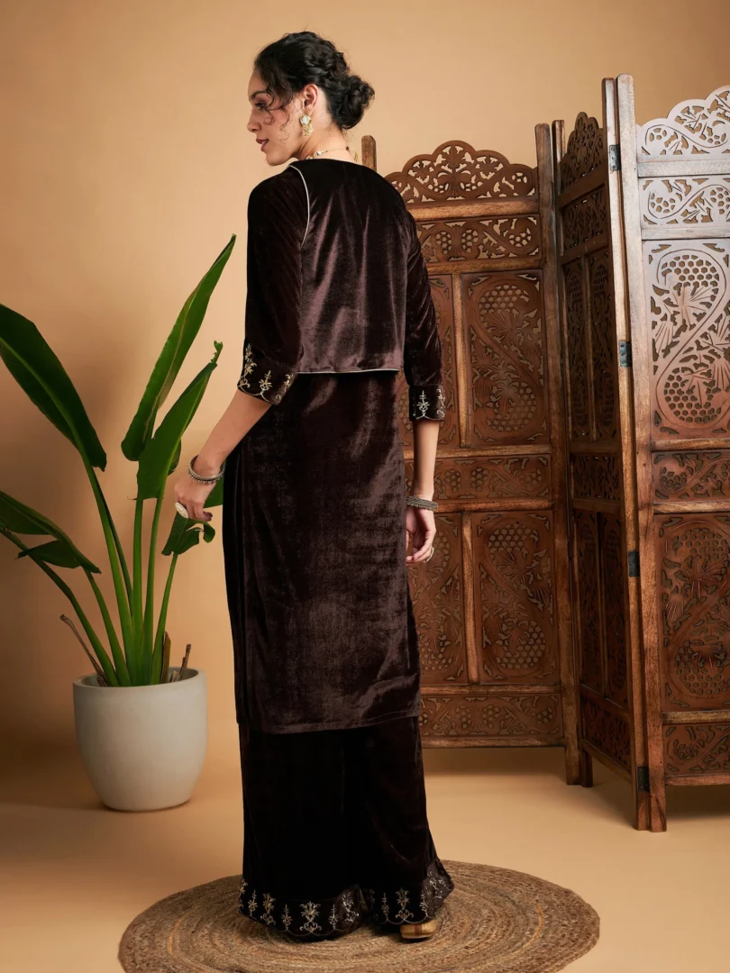 Women Brown Zari Velvet Straight Kurta Set With WaistCoat