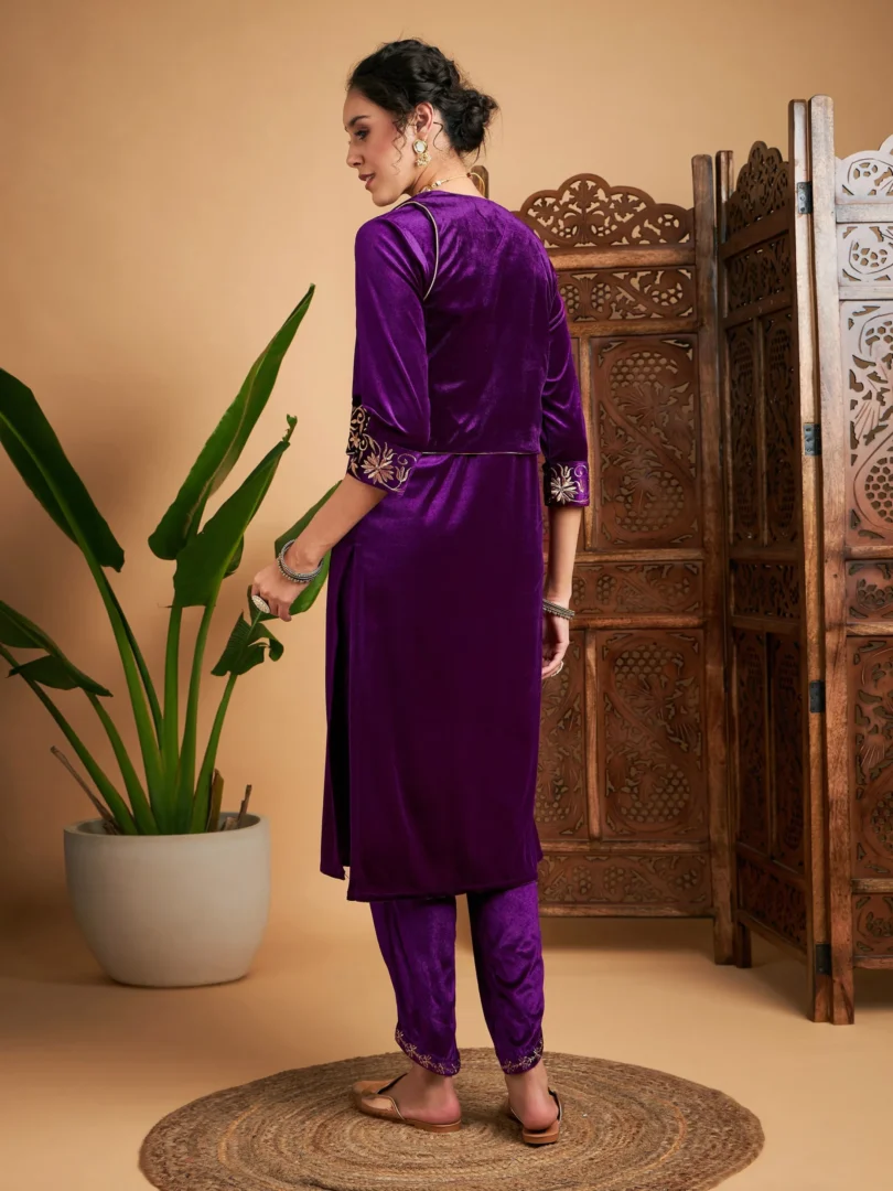 Women Purple Zari Velvet Straight Kurta Set With WaistCoat
