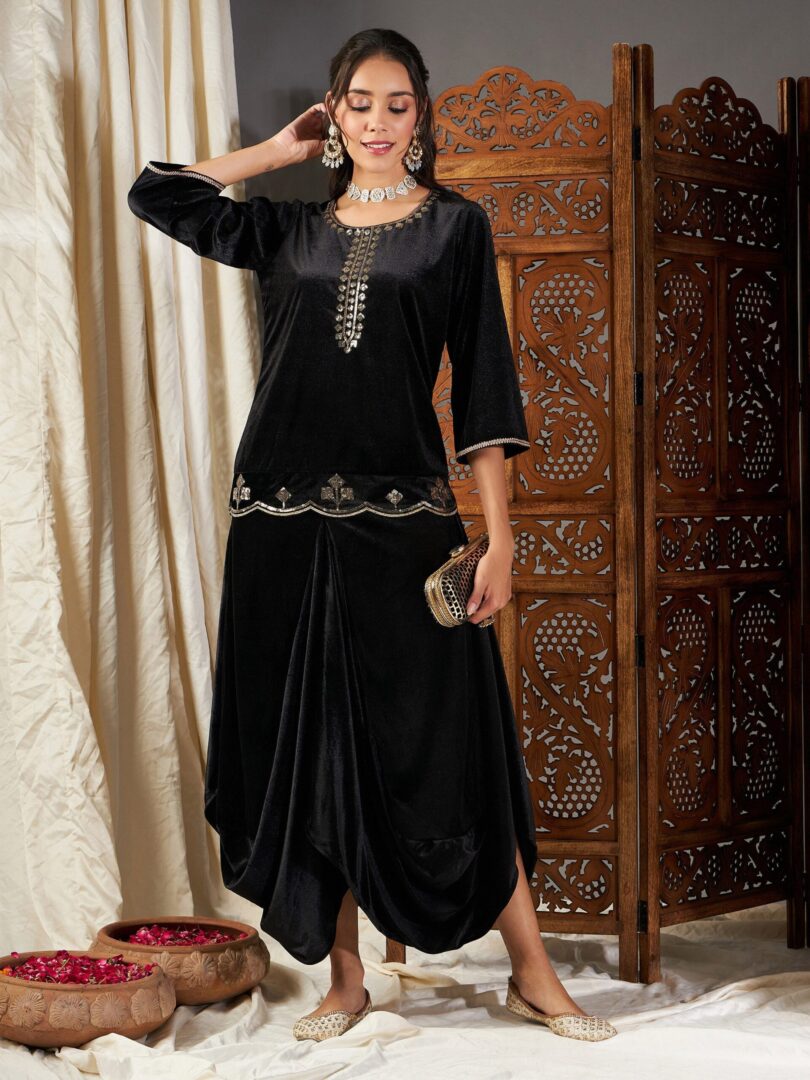 Women Black Velvet Dhoti Skirt