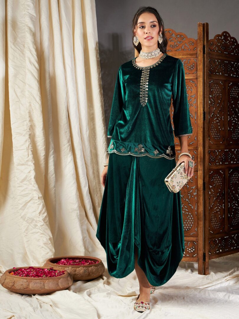 Women Green Velvet Dhoti Skirt