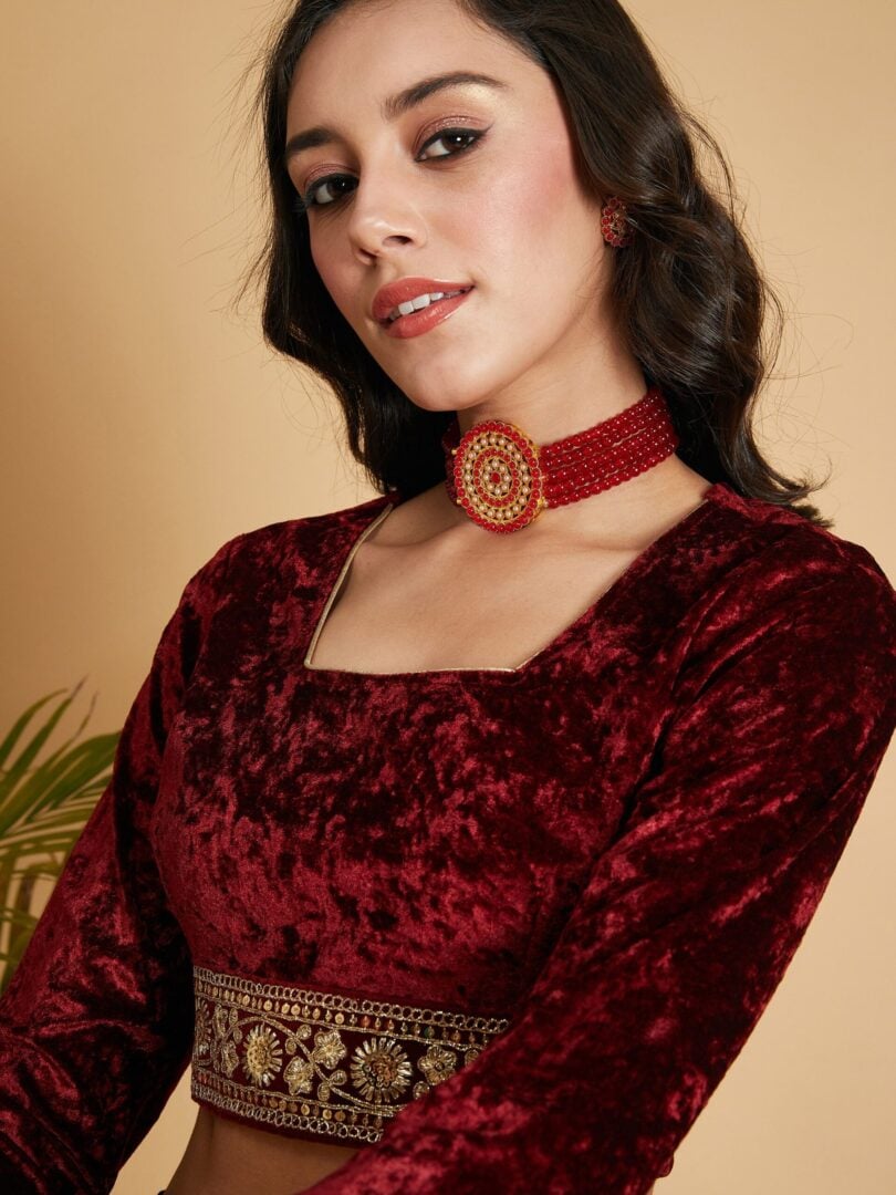 Women Maroon Velvet Embroidered Crop Top