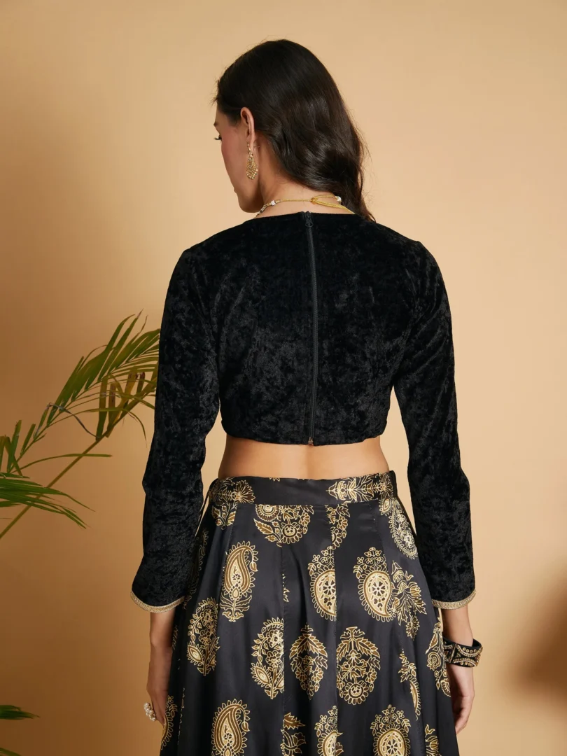 Women Black Velvet Embroidered Full Sleeves Crop Top