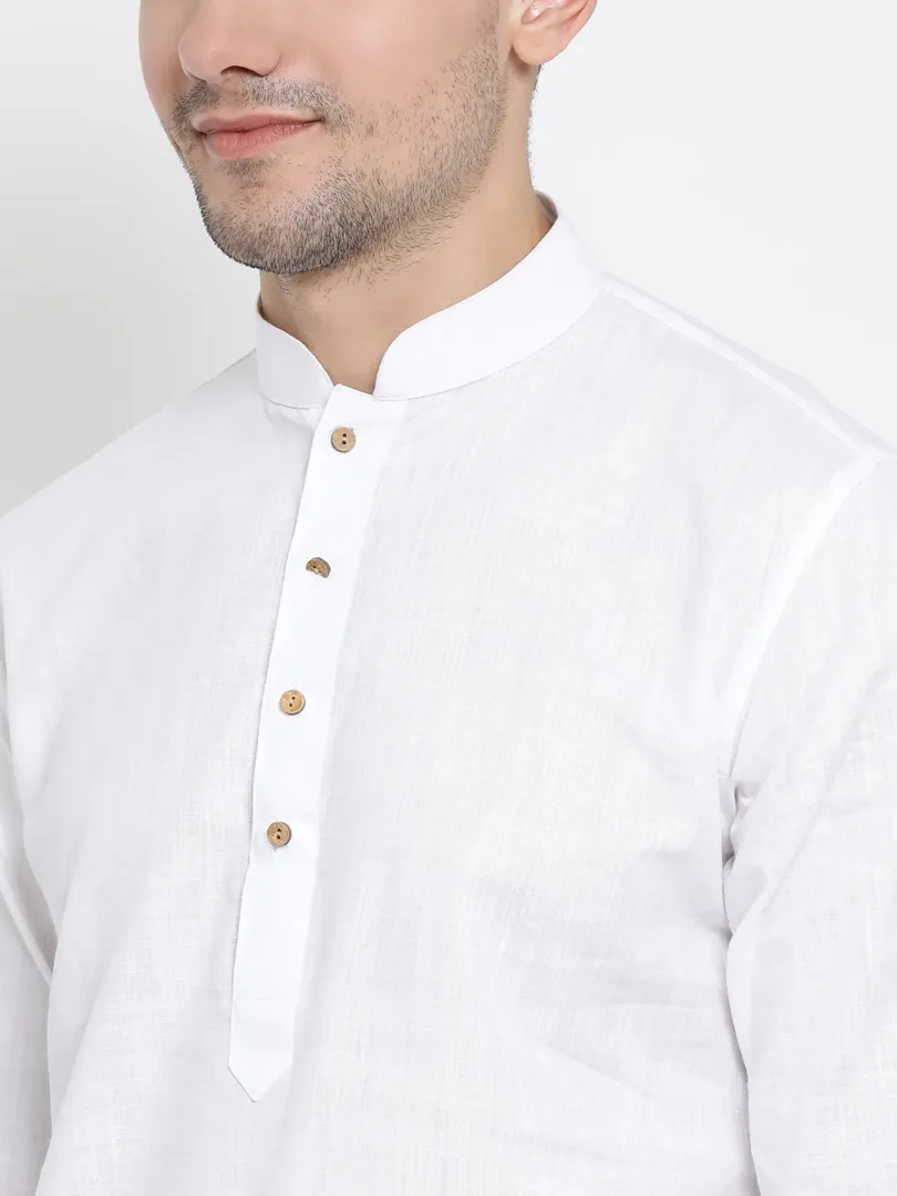Men's White Cotton Linen Blend Kurta Pyjama Set