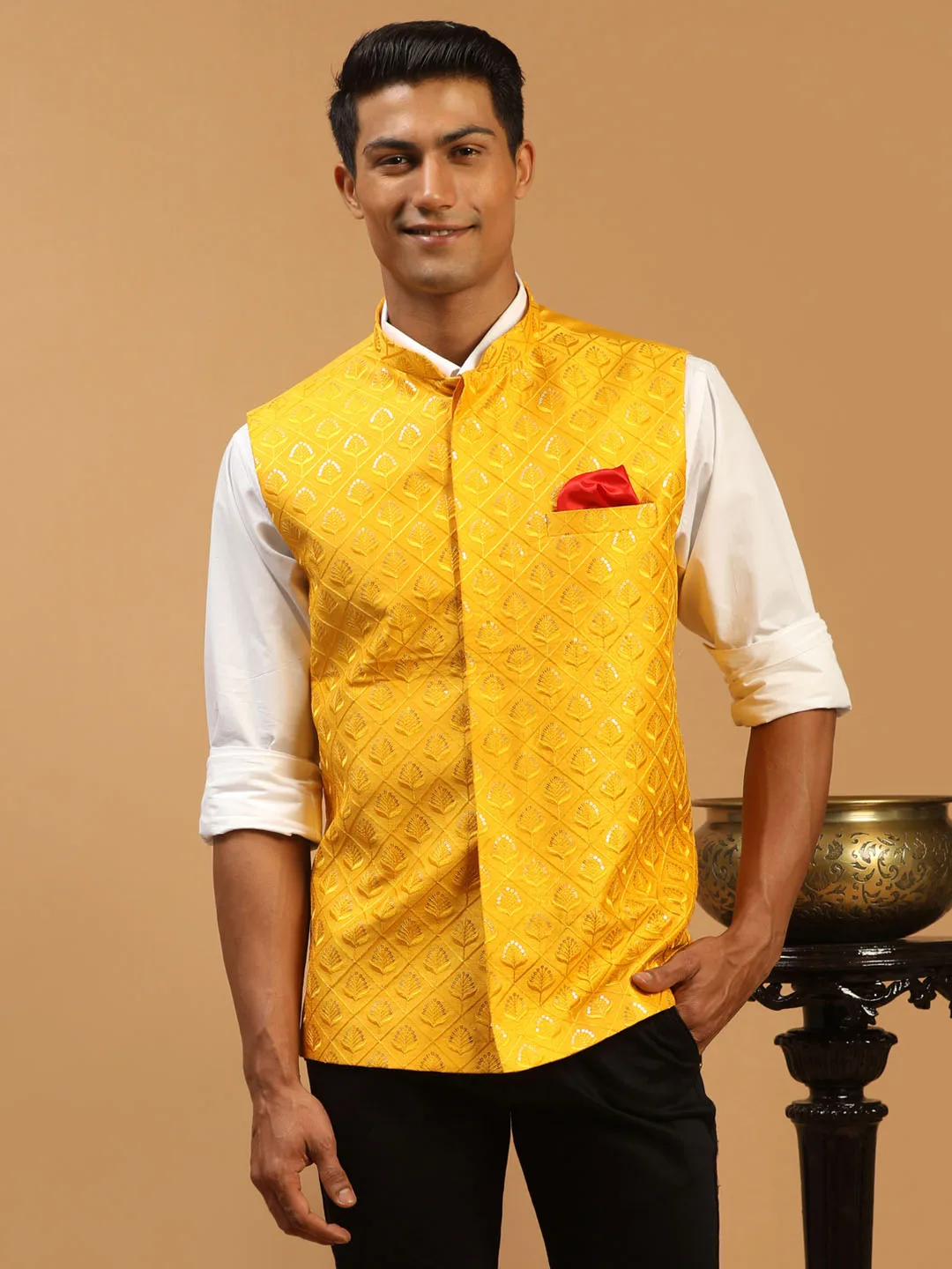 Men's Yellow Silk Blend Nehru Jacket