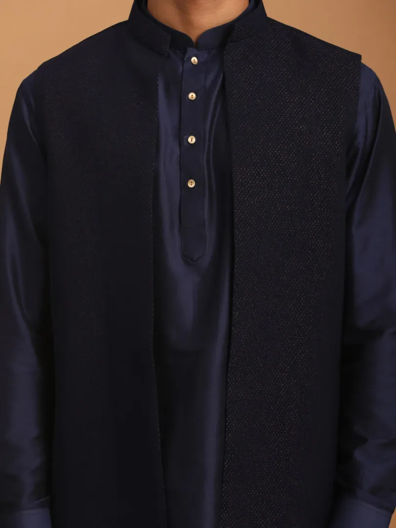 Men's Navy Blue Viscose Jacket, Kurta and Pyjama Set