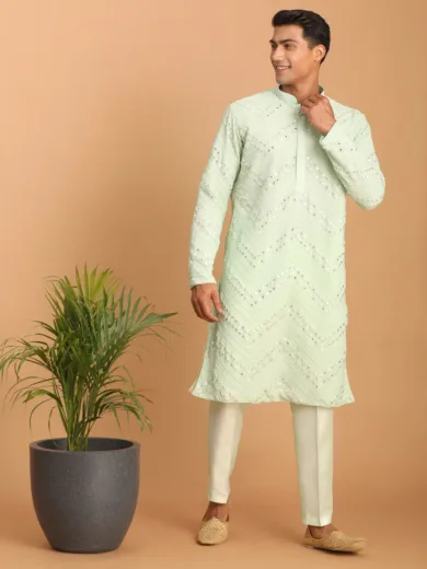 Men's Mint green Georgette Kurta Pyjama Set