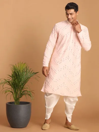 Men's Pink And White Georgette Kurta and Dhoti Pant Set