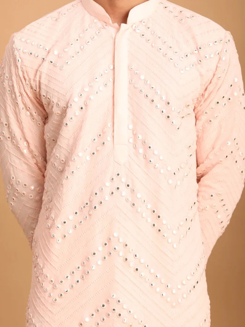 Men's Pink And Cream Georgette Kurta Pyjama Set