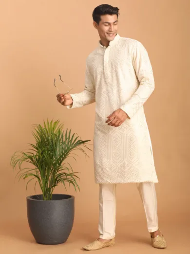 Men's Cream Cotton Blend Kurta Pyjama Set