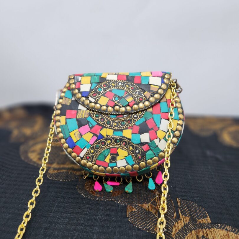 Multicolor Brass Carved Clutch for Women