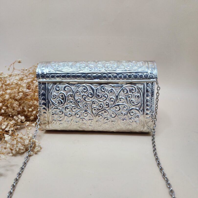 Silver Brass Carved Clutch for Women